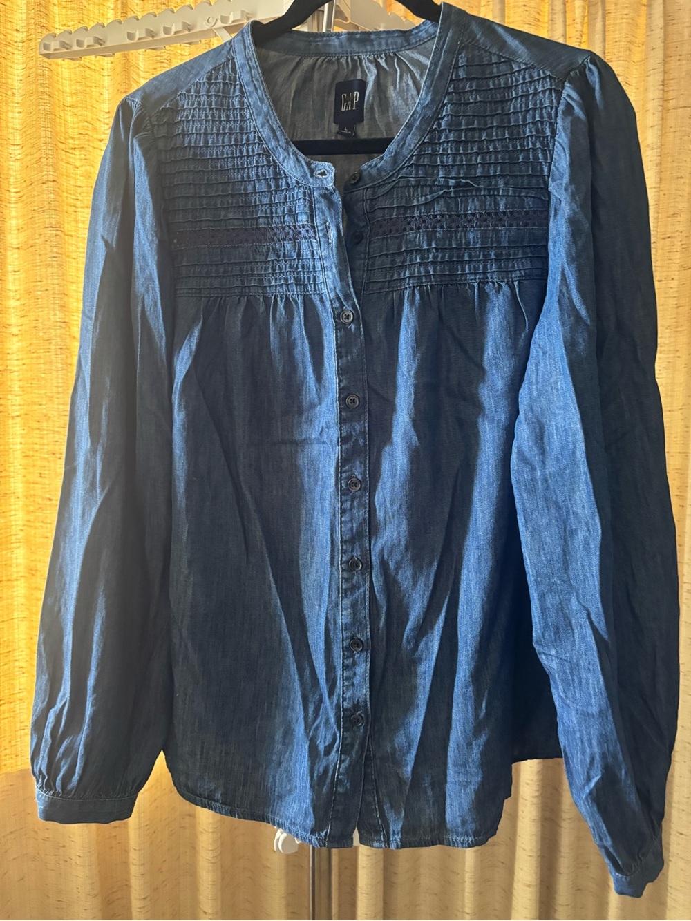 GAP Blue Denim Pintuck Button-Front Top